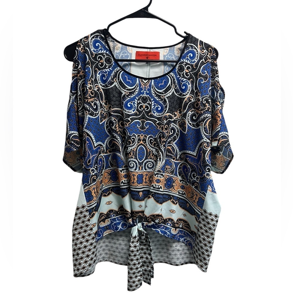 CLOVER CANYON Women’s Multi Blue Paisley Peep Shoulder Tie Blouse - Size Medium